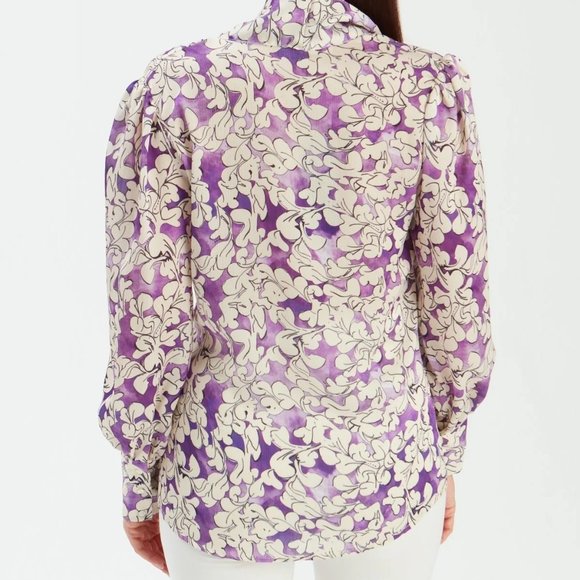 Bow Tie Collar Patterned Blouse - PURPLE - Picture 3 of 9